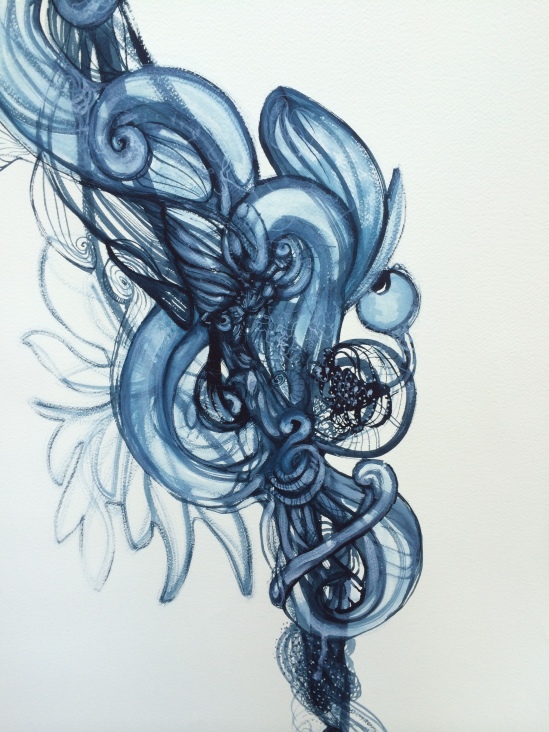 Detail of Tendril - a physical thought/feeling inside my body - watercolour on paper, indigo paint 140cm x 75cm