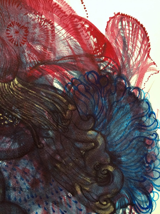 Detail from Displaced Anatomy - watercolour and gold paint on paper 97.5cm x 220cm