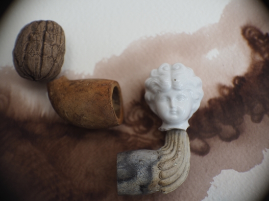 The sensations of Marguerite's lost body - clay pipes, a walnut, a feather, burnt umber