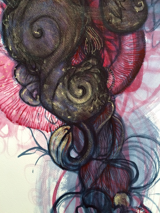 Detail from Displaced Anatomy - watercolour and gold paint on paper 97.5cm x 220cm